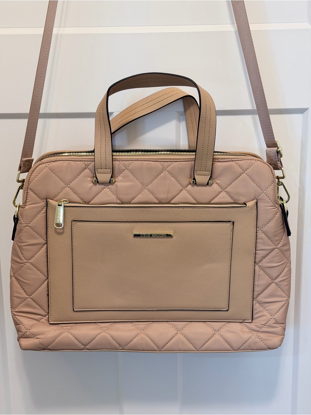 Steve Madden BSpace Quilted Laptop Work Tote Bag/soft blush pink/cream colorway.